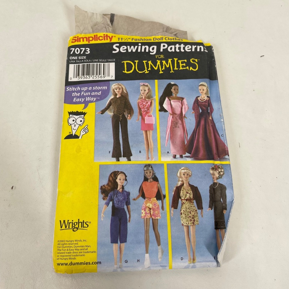 Simplicity 7073 Sewing Patterns for Dummies 11.5 Fashion Doll Clothes Uncut